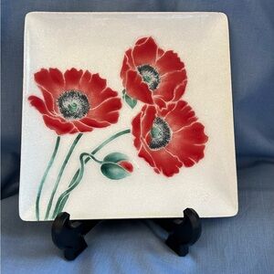Floral Square Plate with Red Poppies